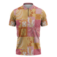 Aloha Hawaii Quilt Floral Patchwork Style Zipper Polo Shirt