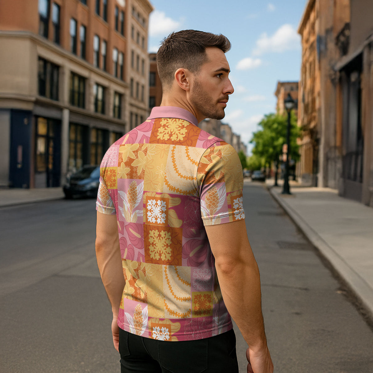 Aloha Hawaii Quilt Floral Patchwork Style Zipper Polo Shirt