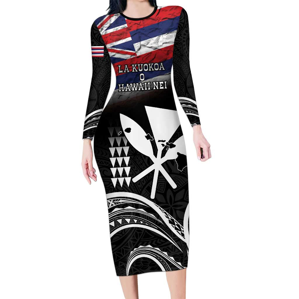 Hawaii Independence Day Long Sleeve Bodycon Dress La Kuokoa - Happy 28th November LT14 Long Dress Black - Polynesian Pride