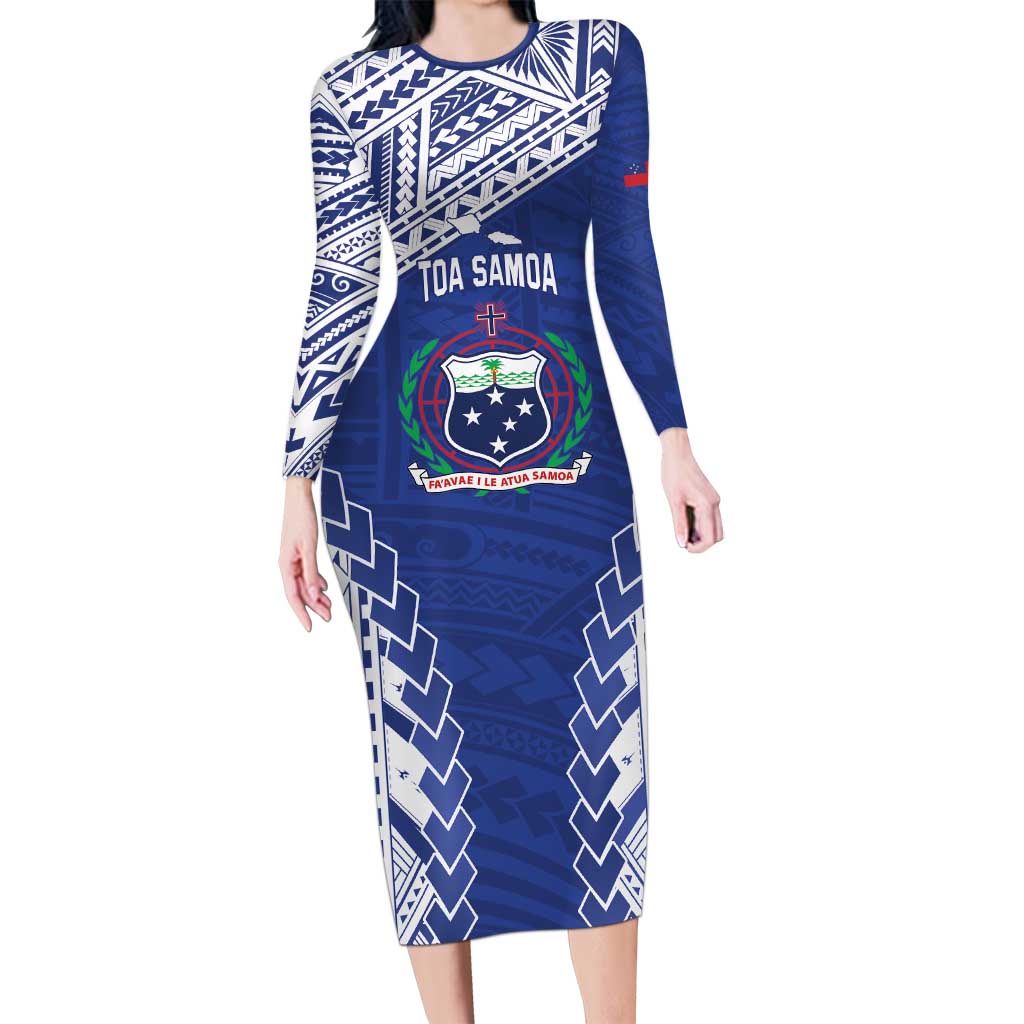 Toa Samoa Rugby Custom Long Sleeve Bodycon Dress Go Champions Pacific Samoan Pattern LT14 Long Dress Blue - Polynesian Pride