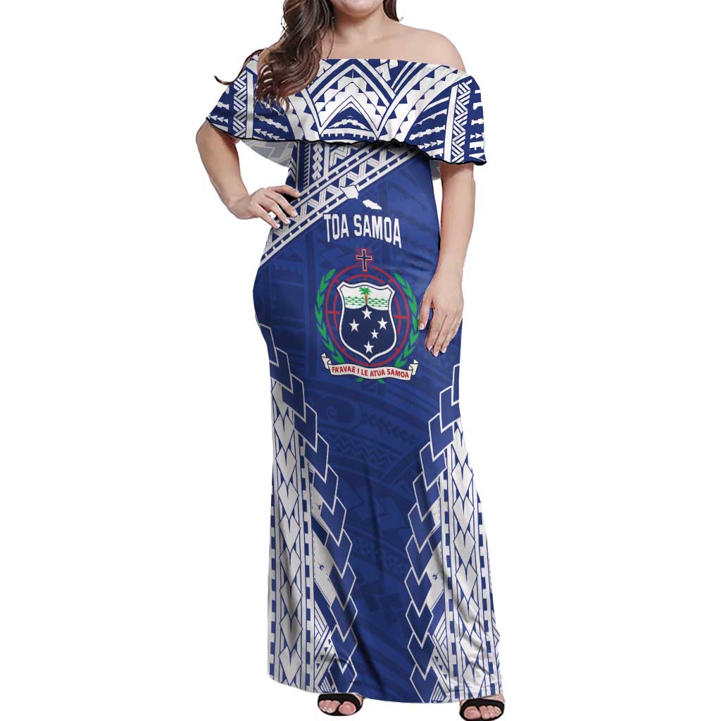 Toa Samoa Rugby Custom Off Shoulder Maxi Dress Go Champions Pacific Samoan Pattern LT14 Women Blue - Polynesian Pride