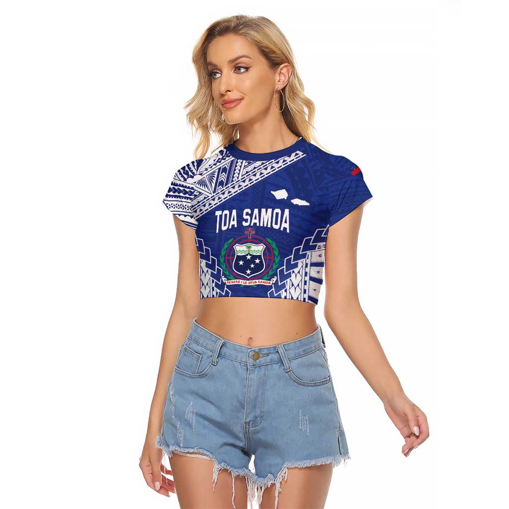 Toa Samoa Rugby Custom Raglan Cropped T Shirt Go Champions Pacific Samoan Pattern LT14 Female Blue - Polynesian Pride