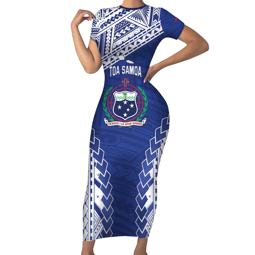 Toa Samoa Rugby Custom Short Sleeve Bodycon Dress Go Champions Pacific Samoan Pattern LT14 Long Dress Blue - Polynesian Pride