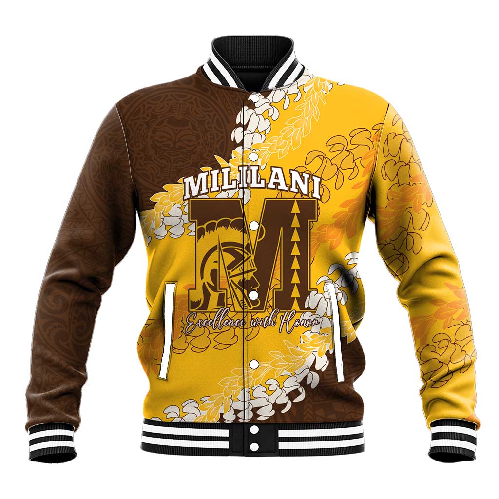 Personalized Mililani Hawaii High School Baseball Jacket Puakenikeni Lei Hawaiian Pattern LT14 Unisex Yellow - Polynesian Pride