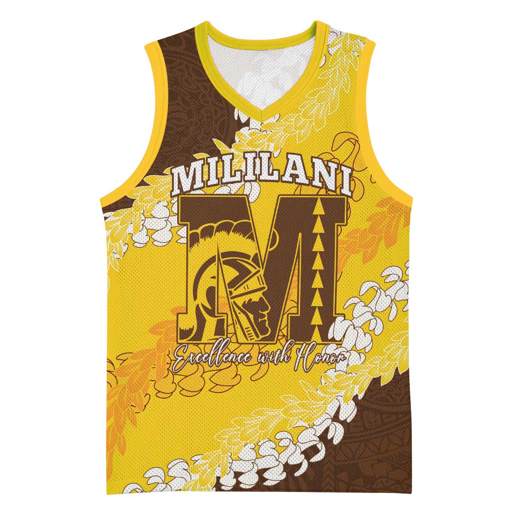 Personalized Mililani Hawaii High School Basketball Jersey Puakenikeni Lei Hawaiian Pattern LT14 Unisex Yellow - Polynesian Pride