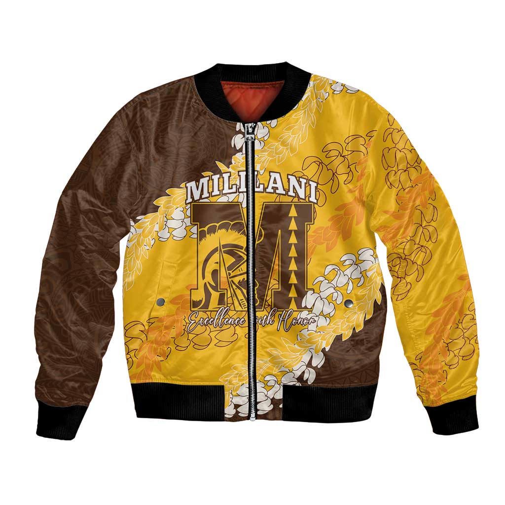 Personalized Mililani Hawaii High School Bomber Jacket Puakenikeni Lei Hawaiian Pattern LT14 Unisex Yellow - Polynesian Pride