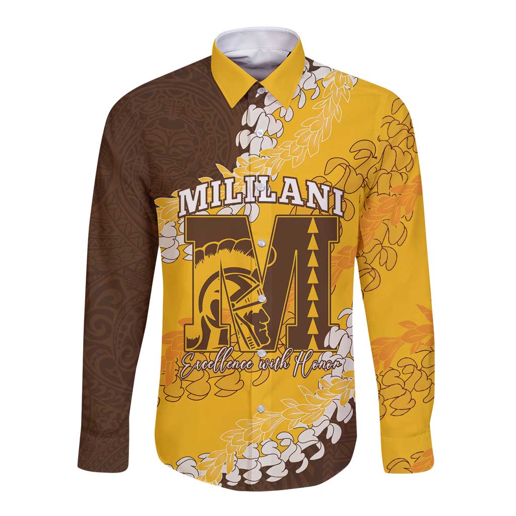 Personalized Mililani Hawaii High School Long Sleeve Button Shirt Puakenikeni Lei Hawaiian Pattern LT14 Unisex Yellow - Polynesian Pride