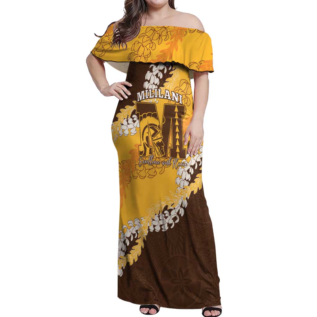 Personalized Mililani Hawaii High School Off Shoulder Maxi Dress Puakenikeni Lei Hawaiian Pattern LT14 Women Yellow - Polynesian Pride