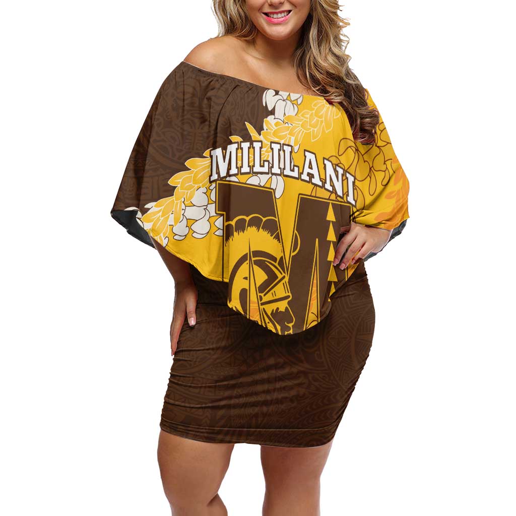 Personalized Mililani Hawaii High School Off Shoulder Short Dress Puakenikeni Lei Hawaiian Pattern LT14 Women Yellow - Polynesian Pride