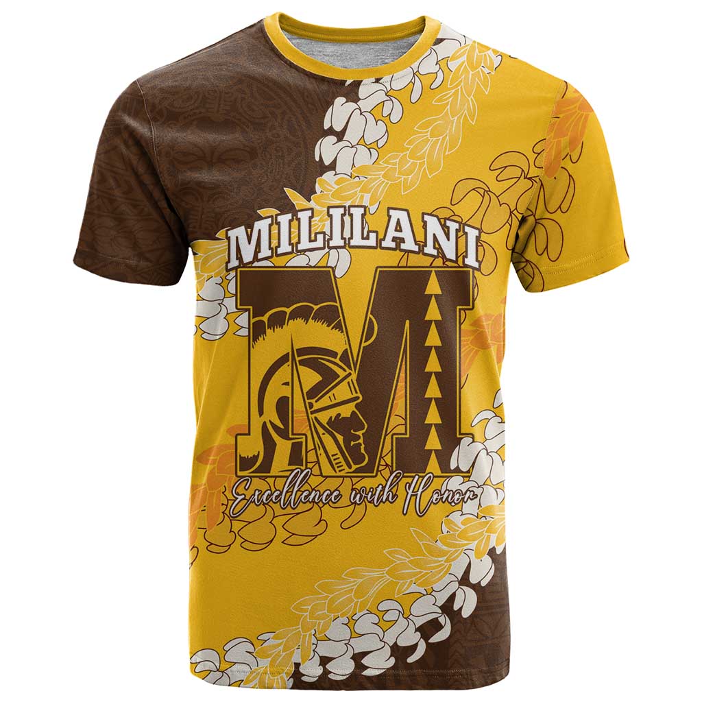 Personalized Mililani Hawaii High School T Shirt Puakenikeni Lei Hawaiian Pattern LT14 Yellow - Polynesian Pride
