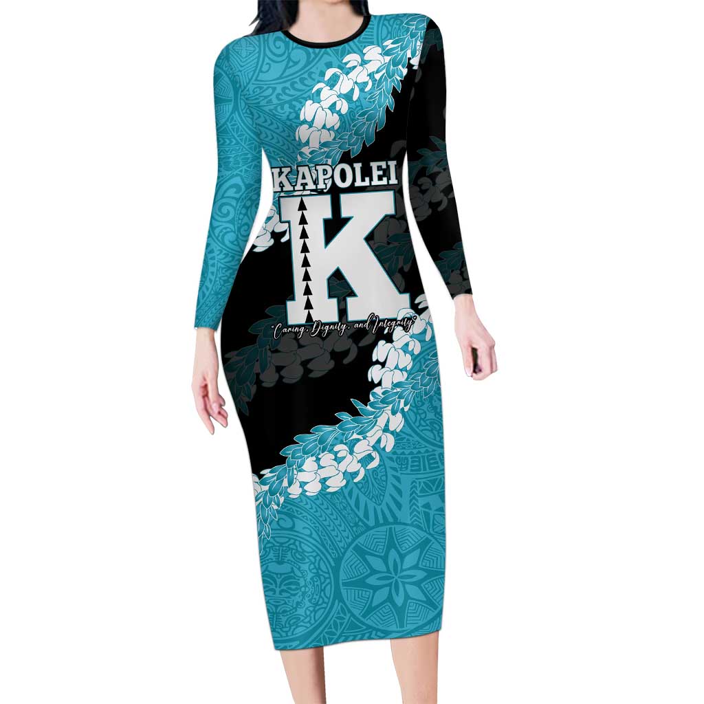 Personalized Kapolei Hawaii High School Long Sleeve Bodycon Dress Puakenikeni Lei Hawaiian Pattern LT14 Long Dress Teal - Polynesian Pride