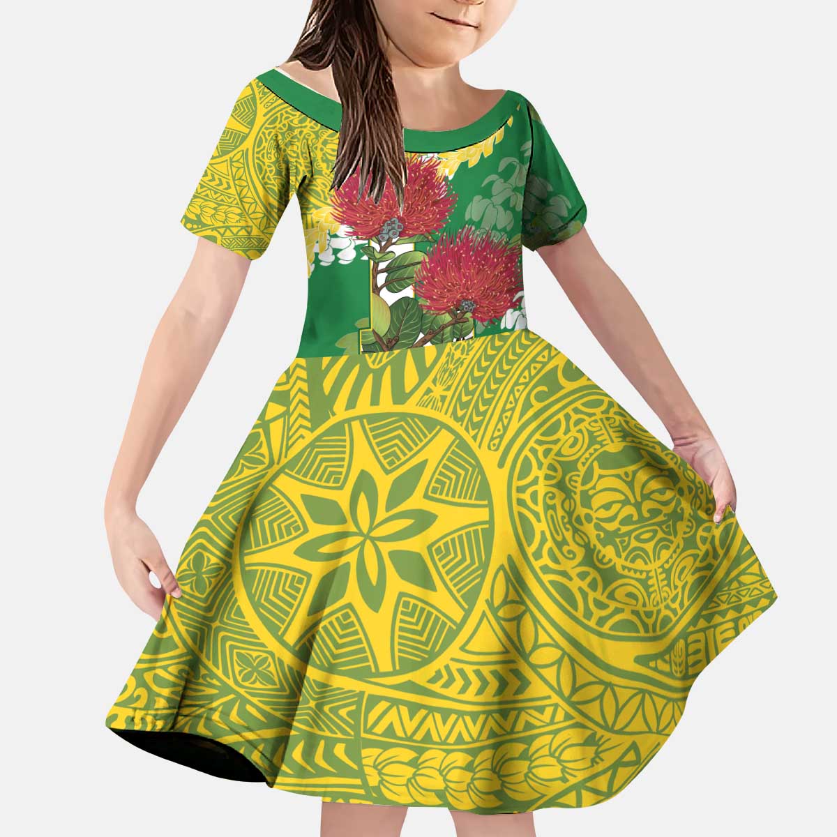 Personalized Leilehua Hawaii High School Kid Short Sleeve Dress Puakenikeni Lei Hawaiian Pattern LT14 KID Green - Polynesian Pride