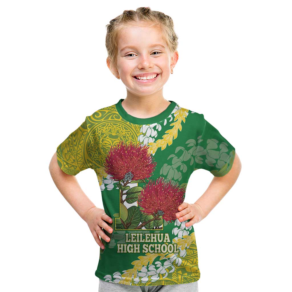 Personalized Leilehua Hawaii High School Kid T Shirt Puakenikeni Lei Hawaiian Pattern LT14 Green - Polynesian Pride