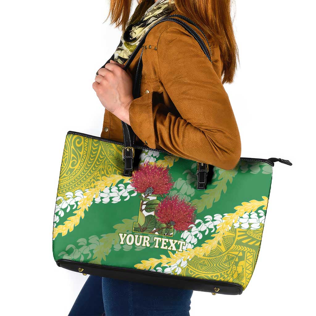 Personalized Leilehua Hawaii High School Leather Tote Bag Puakenikeni Lei Hawaiian Pattern LT14 Green - Polynesian Pride