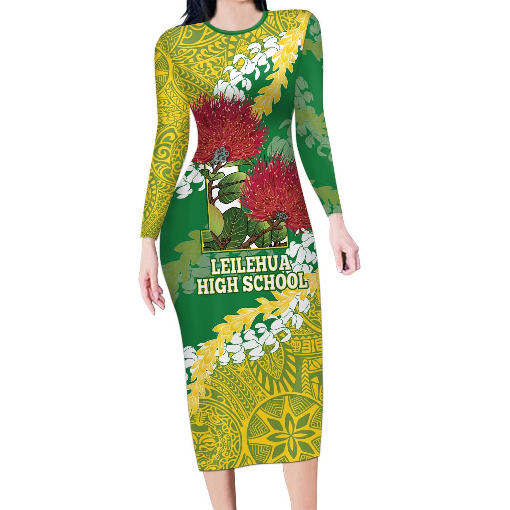 Personalized Leilehua Hawaii High School Long Sleeve Bodycon Dress Puakenikeni Lei Hawaiian Pattern LT14 Long Dress Green - Polynesian Pride