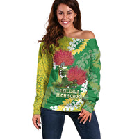 Personalized Leilehua Hawaii High School Off Shoulder Sweater Puakenikeni Lei Hawaiian Pattern LT14 Women Green - Polynesian Pride