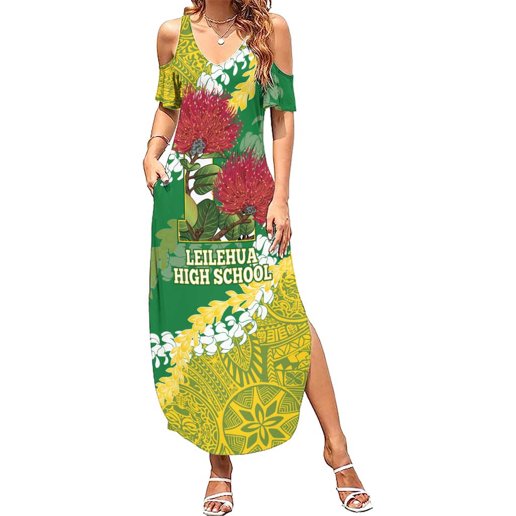 Personalized Leilehua Hawaii High School Summer Maxi Dress Puakenikeni Lei Hawaiian Pattern LT14 Women Green - Polynesian Pride