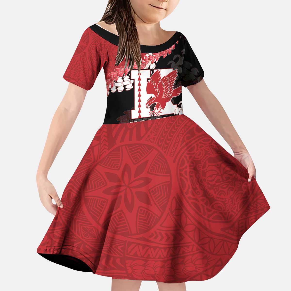 Personalized Kalani Hawaii High School Kid Short Sleeve Dress Puakenikeni Lei Hawaiian Pattern LT14 KID Red - Polynesian Pride