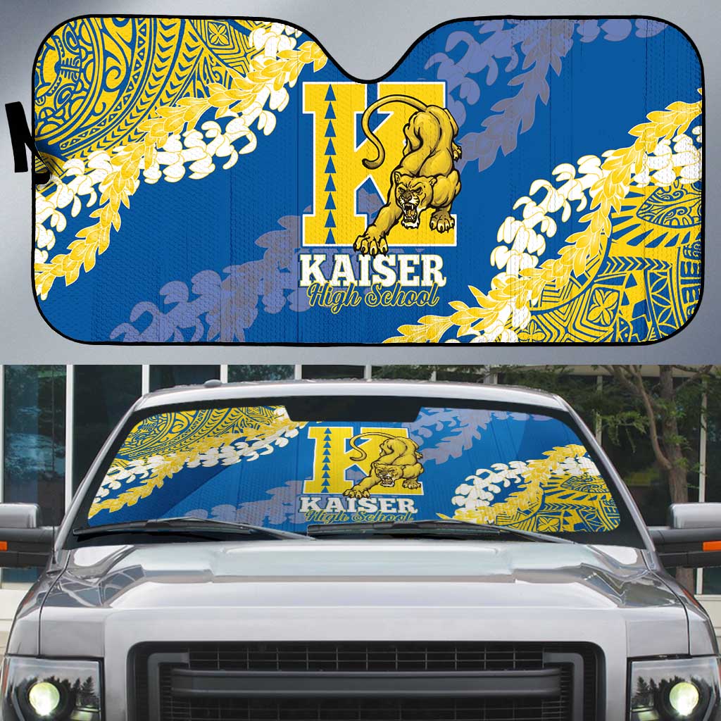 Kaiser Hawaii High School Auto Sun Shade Puakenikeni Lei Hawaiian Pattern LT14 Blue - Polynesian Pride