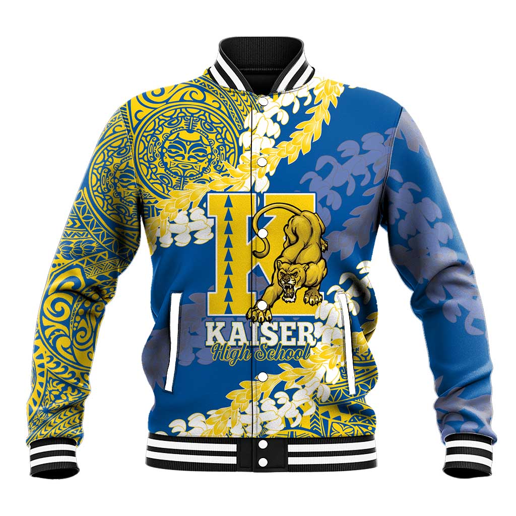 Personalized Kaiser Hawaii High School Baseball Jacket Puakenikeni Lei Hawaiian Pattern LT14 Unisex Blue - Polynesian Pride