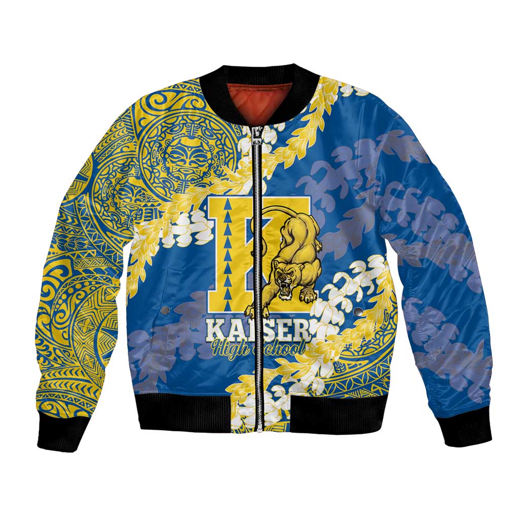 Personalized Kaiser Hawaii High School Bomber Jacket Puakenikeni Lei Hawaiian Pattern LT14 Unisex Blue - Polynesian Pride