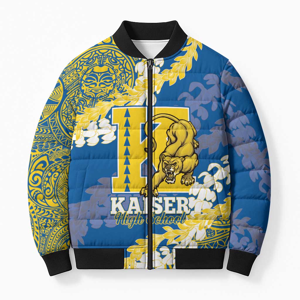 Personalized Kaiser Hawaii High School Bomber Puffer Jacket Puakenikeni Lei Hawaiian Pattern LT14 Unisex Blue - Polynesian Pride