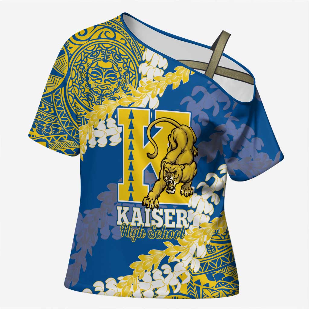 Personalized Kaiser Hawaii High School Cross Shoulder Shirt Puakenikeni Lei Hawaiian Pattern LT14 Female Blue - Polynesian Pride