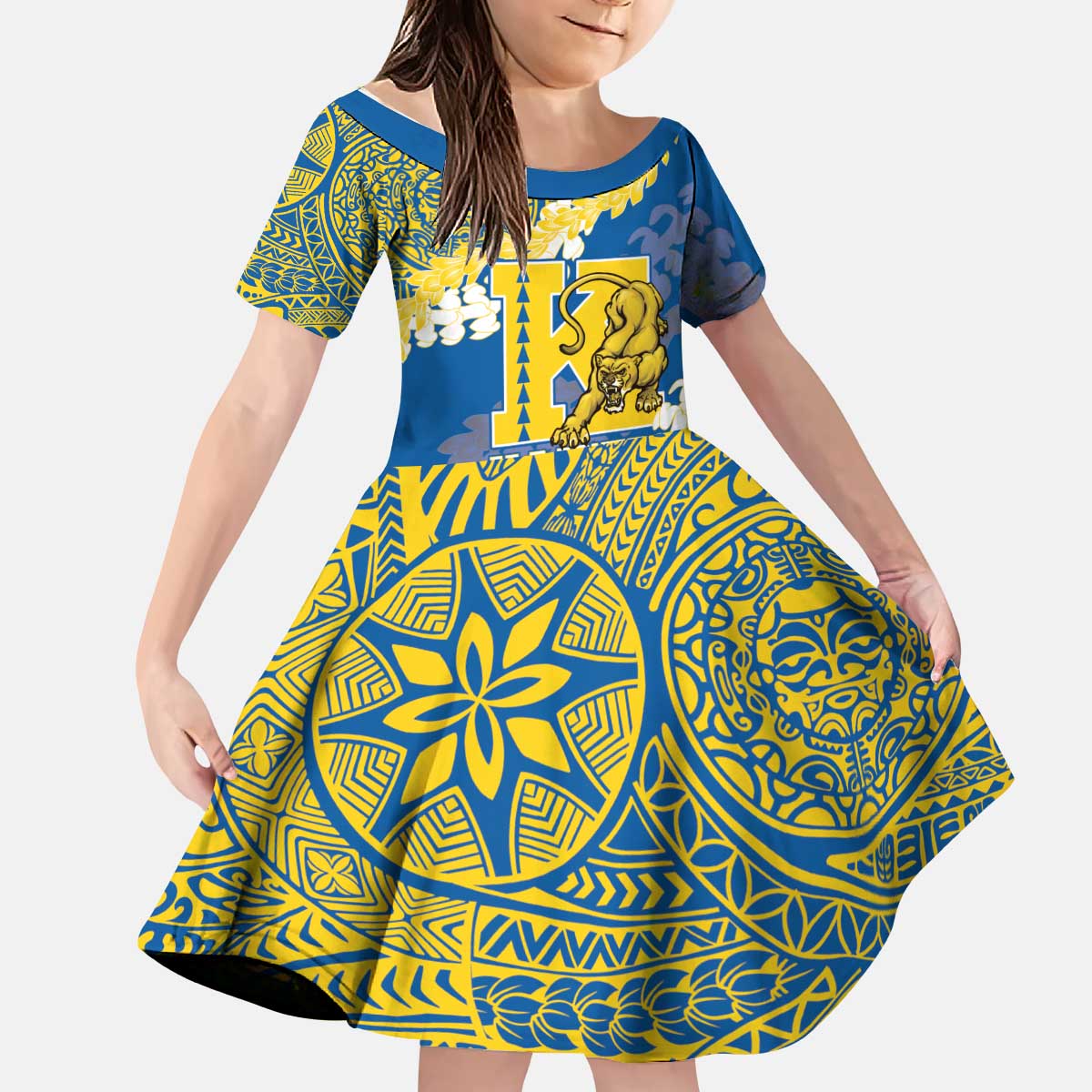 Personalized Kaiser Hawaii High School Kid Short Sleeve Dress Puakenikeni Lei Hawaiian Pattern LT14 KID Blue - Polynesian Pride