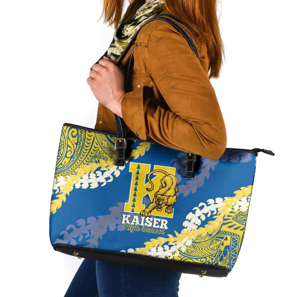 Kaiser Hawaii High School Leather Tote Bag Puakenikeni Lei Hawaiian Pattern LT14 Blue - Polynesian Pride