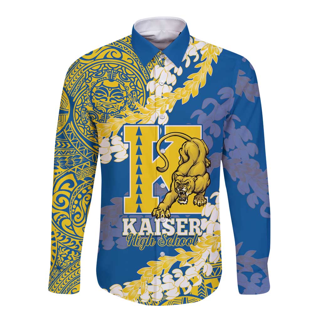 Personalized Kaiser Hawaii High School Long Sleeve Button Shirt Puakenikeni Lei Hawaiian Pattern LT14 Unisex Blue - Polynesian Pride