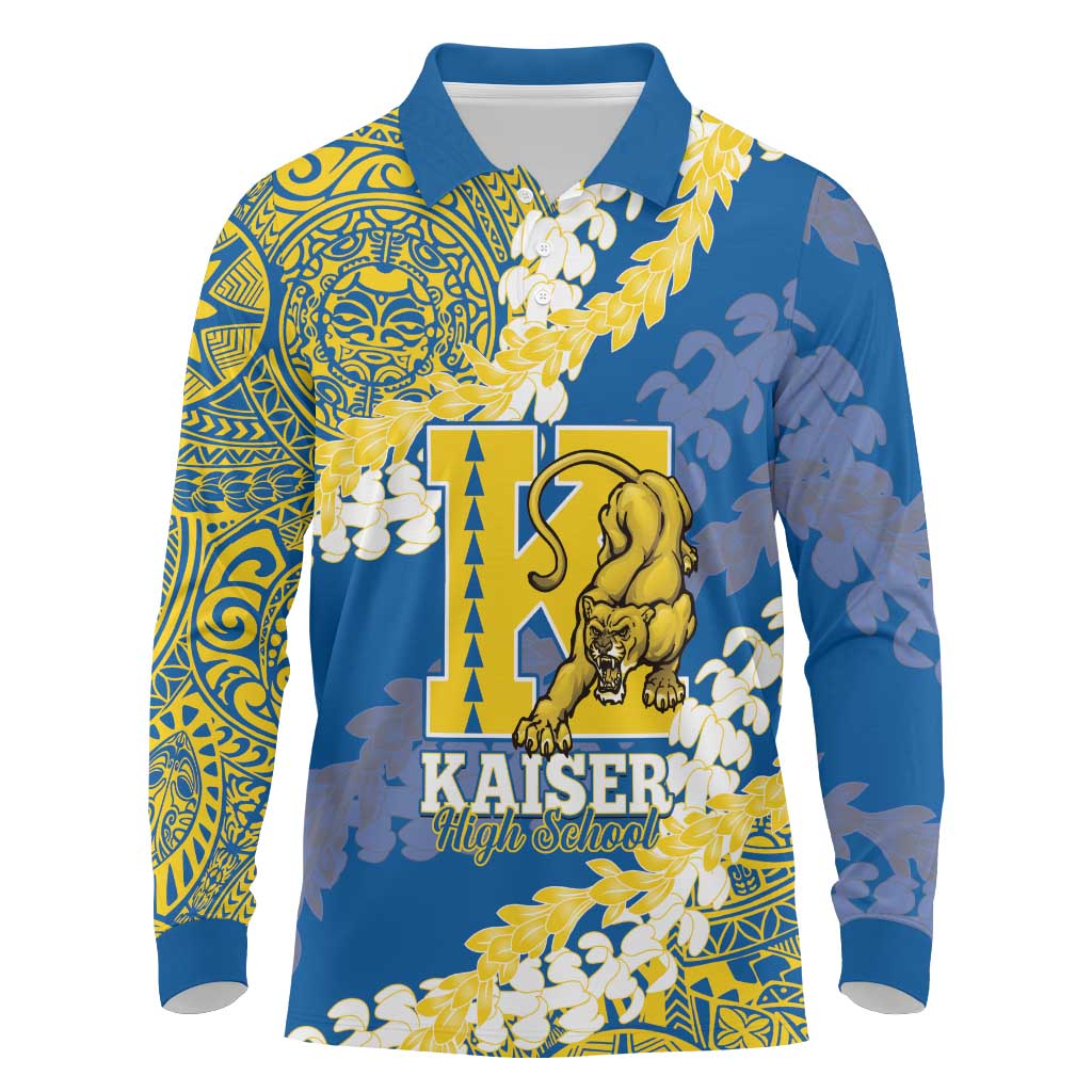 Personalized Kaiser Hawaii High School Long Sleeve Polo Shirt Puakenikeni Lei Hawaiian Pattern LT14 Blue - Polynesian Pride