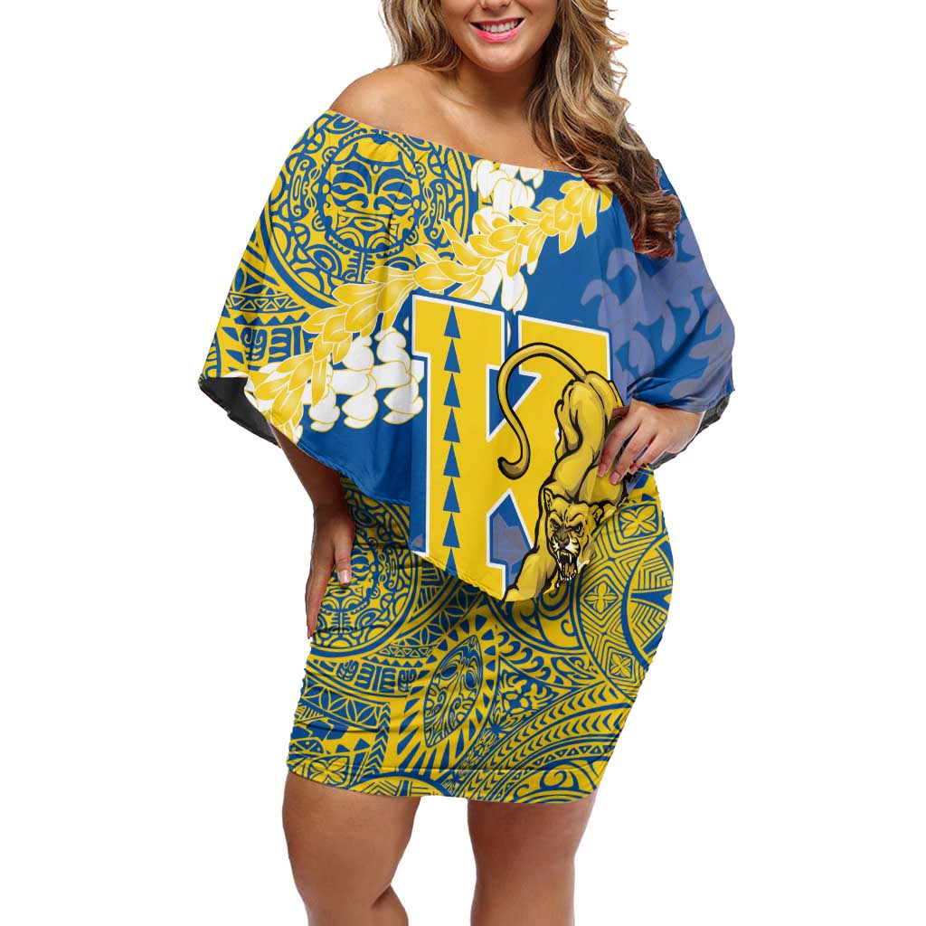 Personalized Kaiser Hawaii High School Off Shoulder Short Dress Puakenikeni Lei Hawaiian Pattern LT14 Women Blue - Polynesian Pride