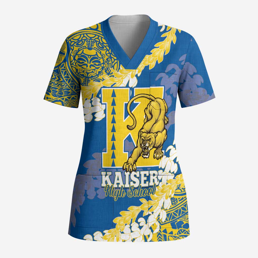 Personalized Kaiser Hawaii High School Scrub Top Puakenikeni Lei Hawaiian Pattern LT14 Adult Blue - Polynesian Pride
