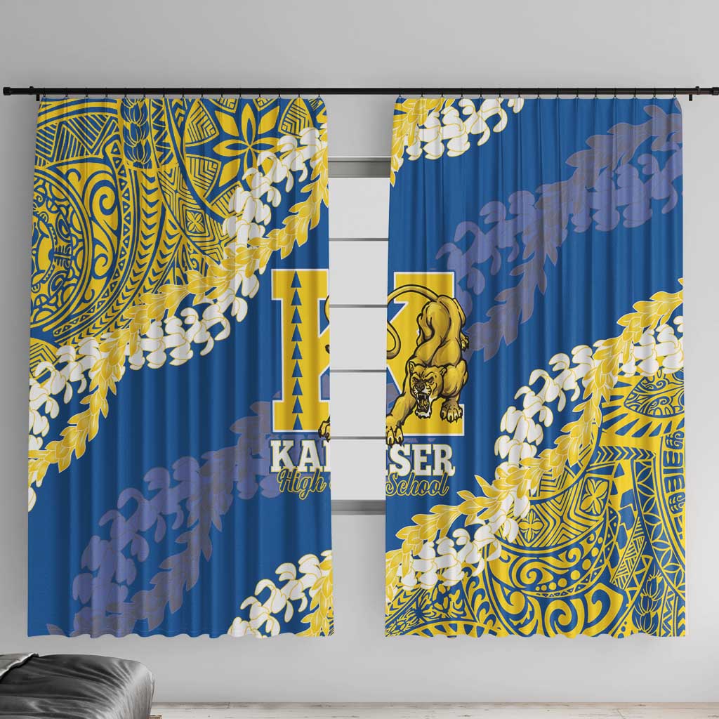 Kaiser Hawaii High School Window Curtain Puakenikeni Lei Hawaiian Pattern LT14 With Hooks Blue - Polynesian Pride
