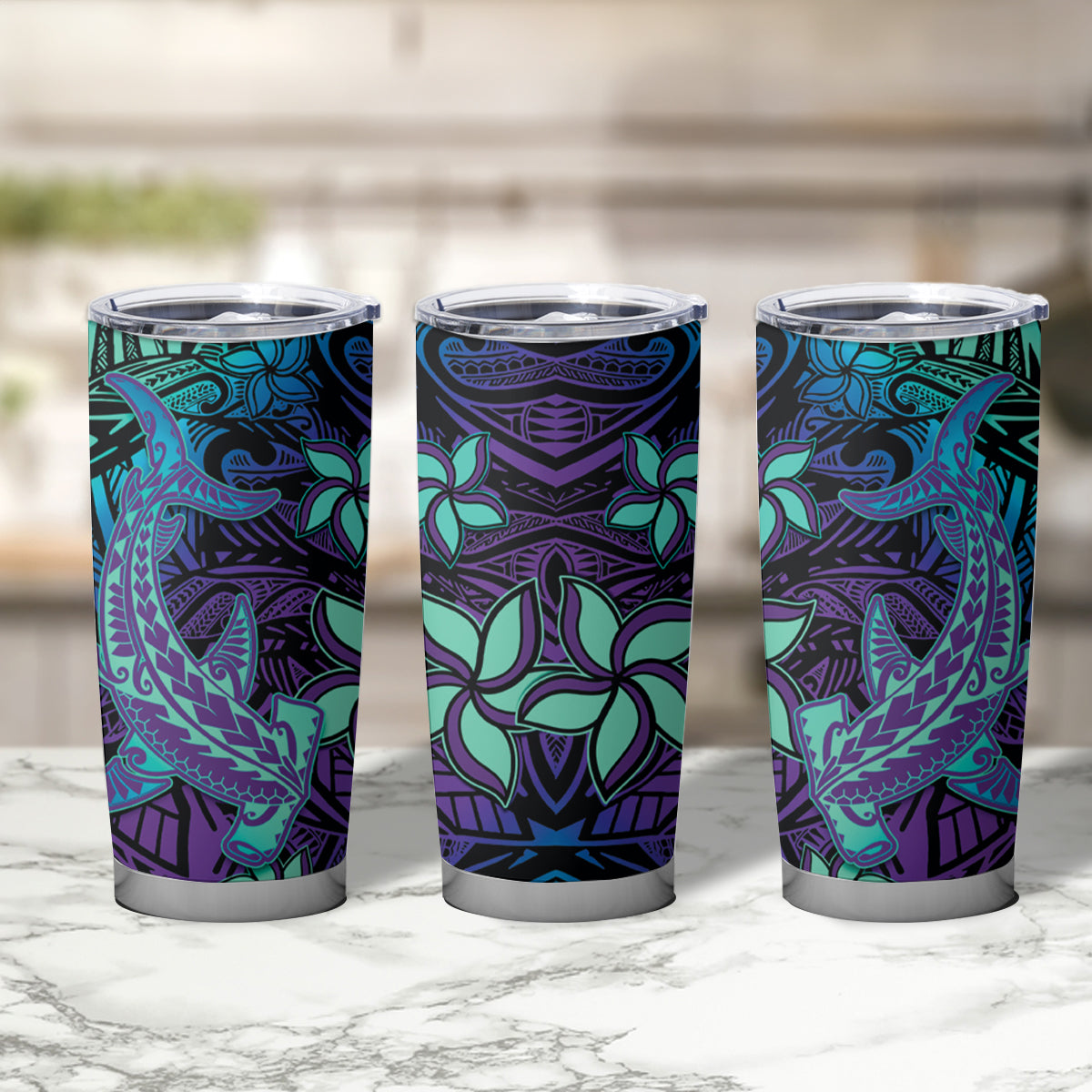 Purple Paradise Hawaiian Tribal Hammerhead Shark Tumbler Cup LT14 - Polynesian Pride