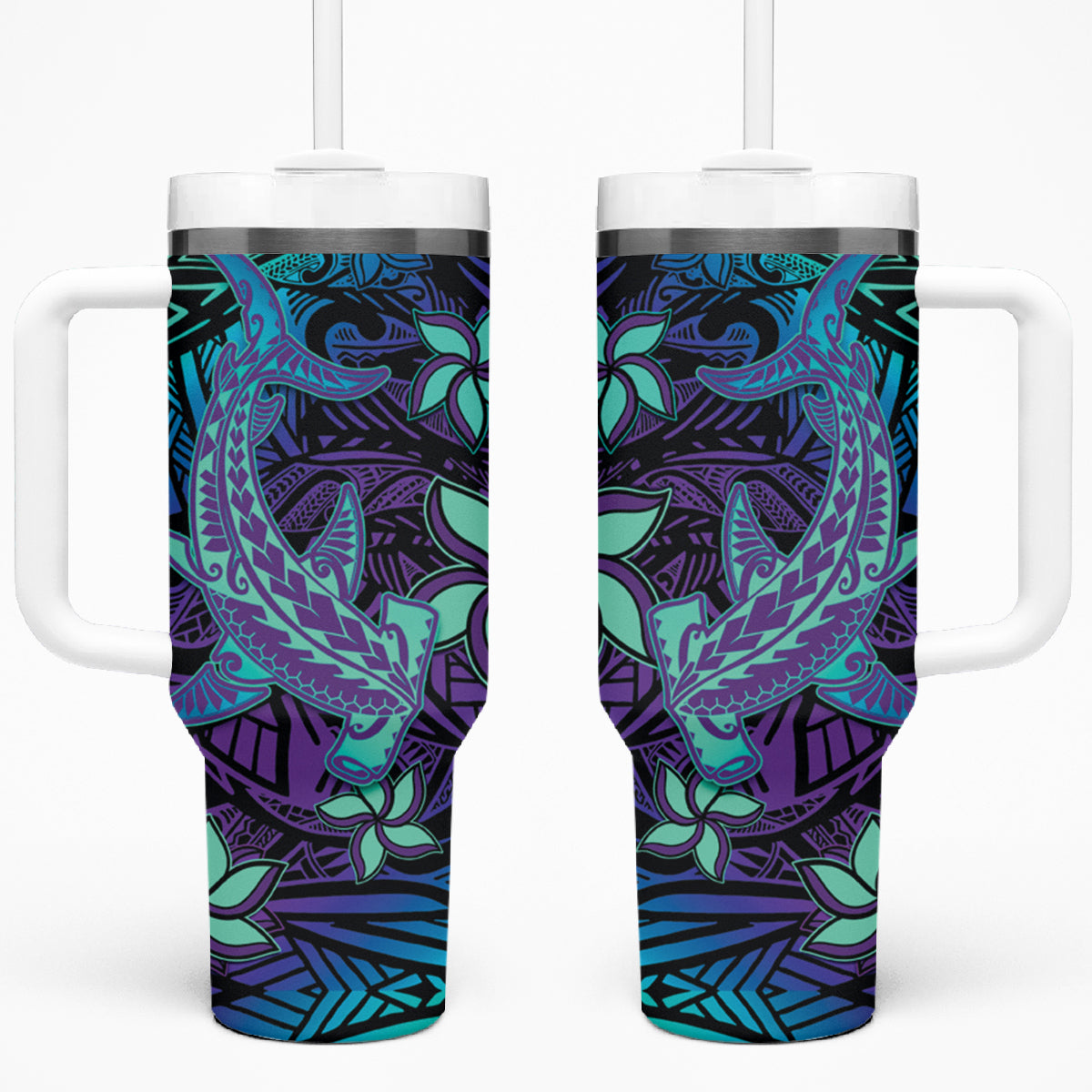 Purple Paradise Hawaiian Tribal Hammerhead Shark Tumbler With Handle LT14 One Size: 40 oz Purple - Polynesian Pride