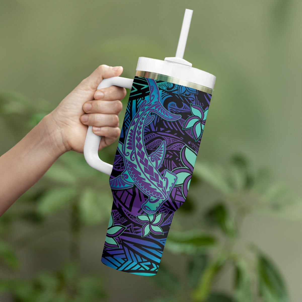 Purple Paradise Hawaiian Tribal Hammerhead Shark Tumbler With Handle LT14 - Polynesian Pride