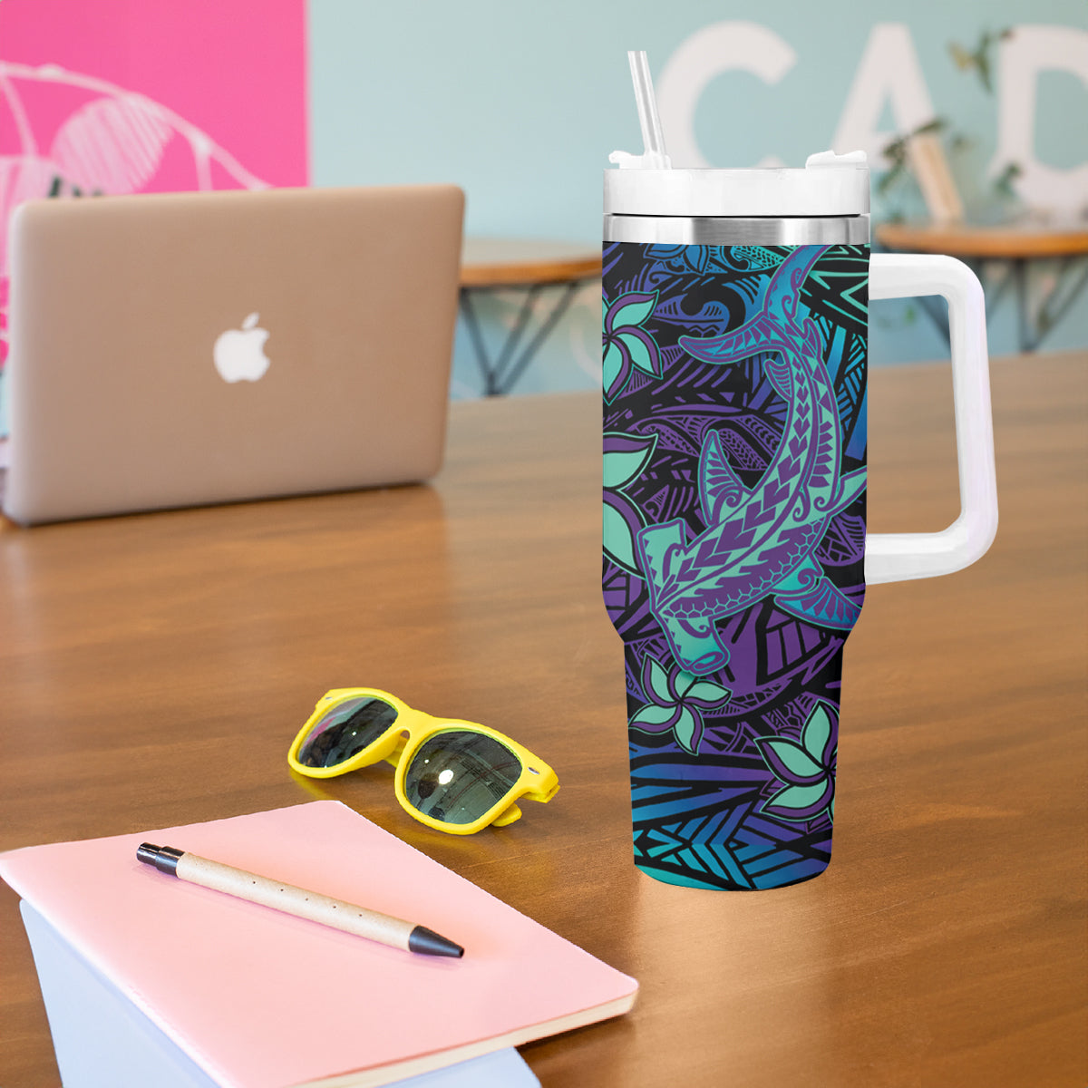 Purple Paradise Hawaiian Tribal Hammerhead Shark Tumbler With Handle LT14 - Polynesian Pride