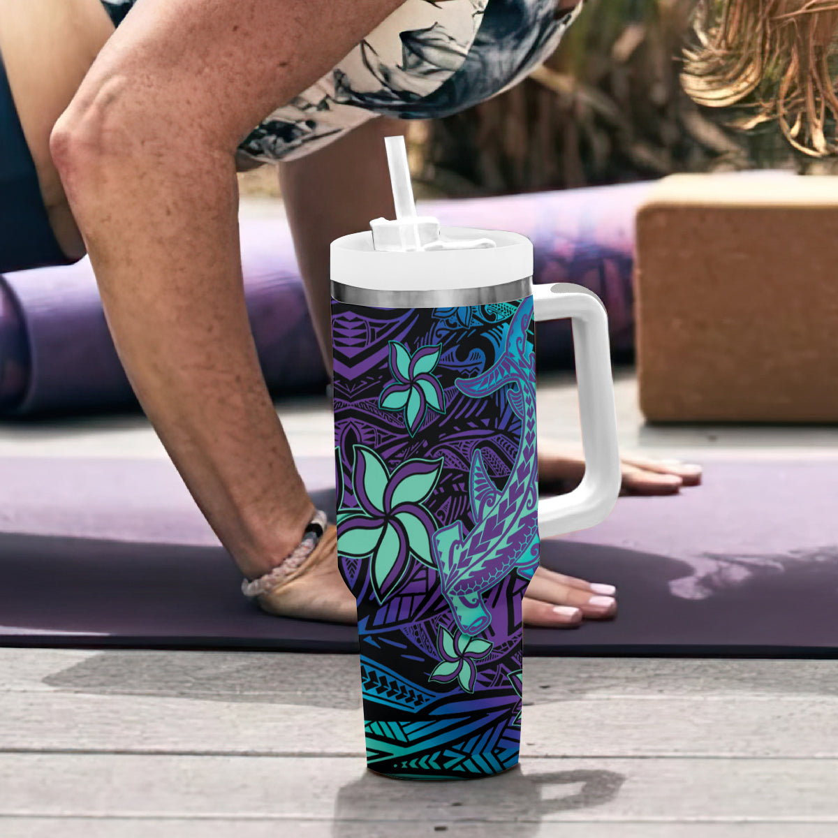 Purple Paradise Hawaiian Tribal Hammerhead Shark Tumbler With Handle LT14 - Polynesian Pride