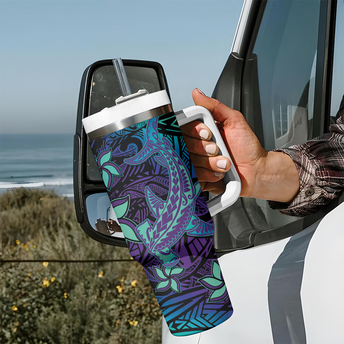 Purple Paradise Hawaiian Tribal Hammerhead Shark Tumbler With Handle LT14 - Polynesian Pride