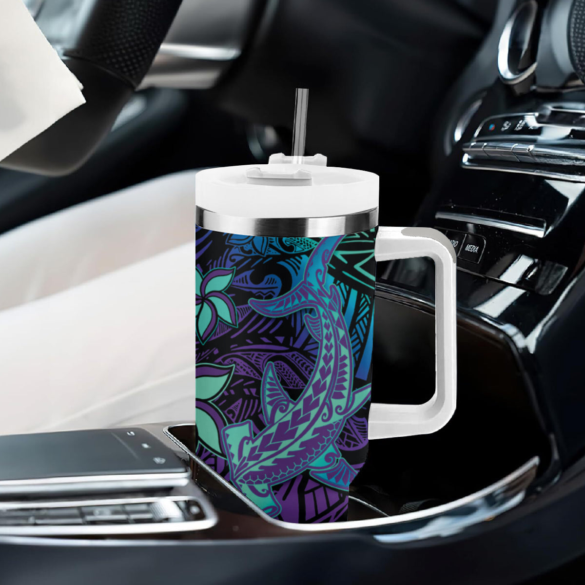 Purple Paradise Hawaiian Tribal Hammerhead Shark Tumbler With Handle LT14 - Polynesian Pride