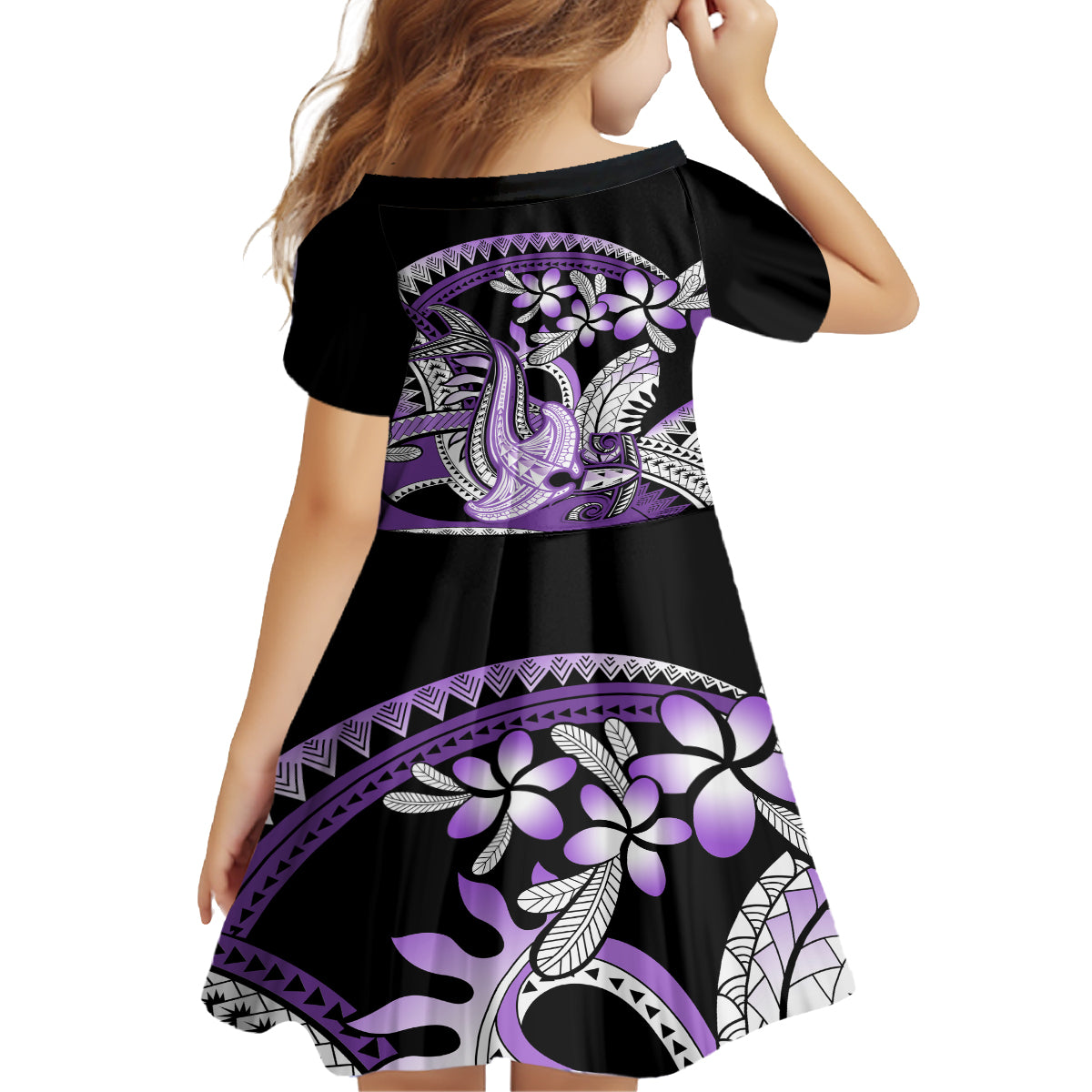 Purple Polynesian Kid Short Sleeve Dress Hammerhead Shark Tattoo Royal Plumeria Gradient Vibes LT14 - Polynesian Pride