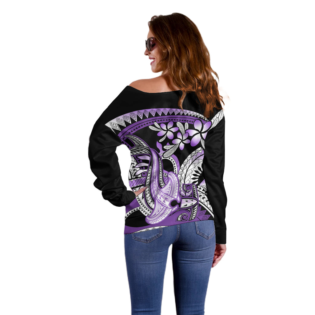 Purple Polynesian Off Shoulder Sweater Hammerhead Shark Tattoo Royal Plumeria Gradient Vibes LT14 - Polynesian Pride