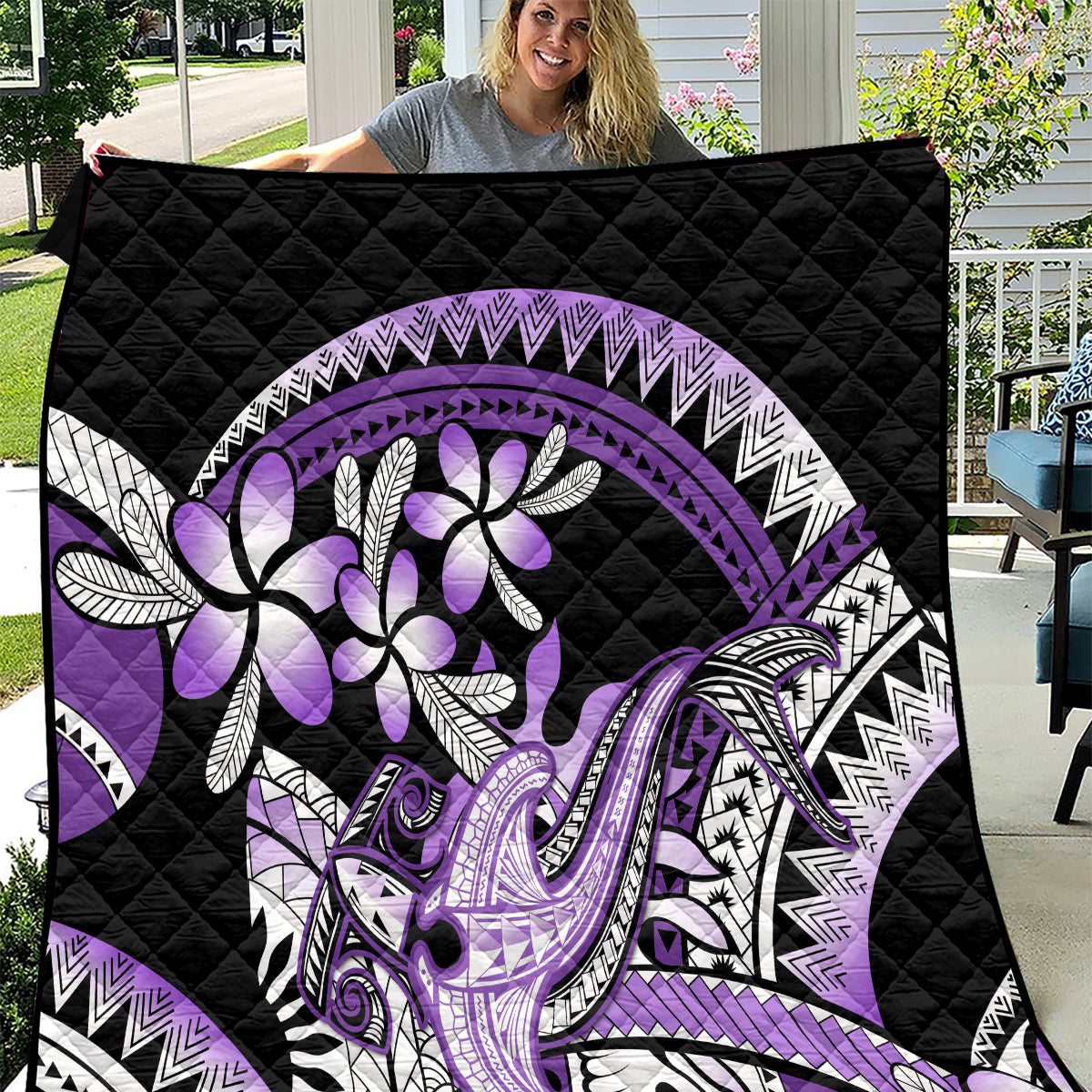 Purple Polynesian Quilt Hammerhead Shark Tattoo Royal Plumeria Gradient Vibes LT14 Purple - Polynesian Pride