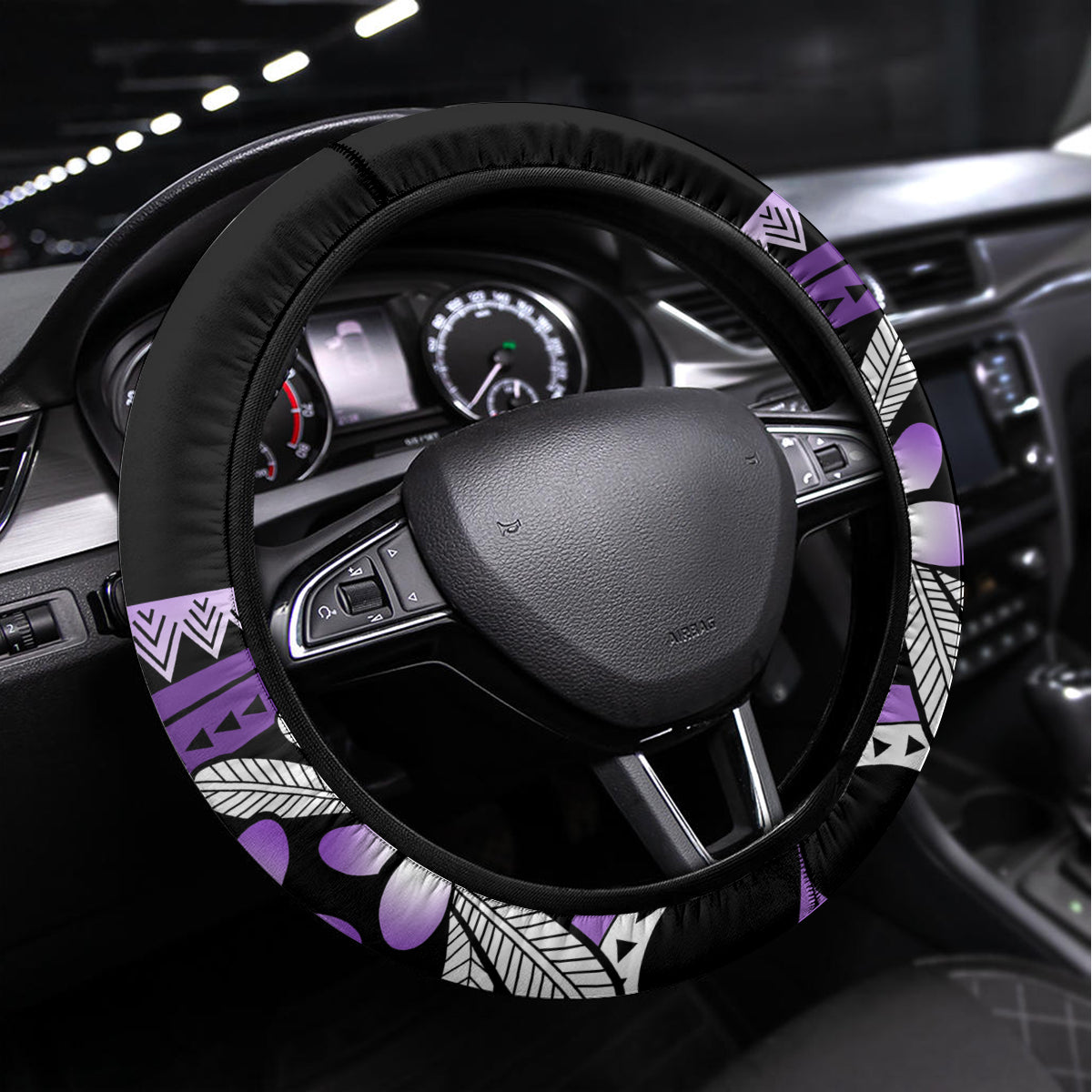 Purple Polynesian Steering Wheel Cover Hammerhead Shark Tattoo Royal Plumeria Gradient Vibes LT14 Universal Fit Purple - Polynesian Pride