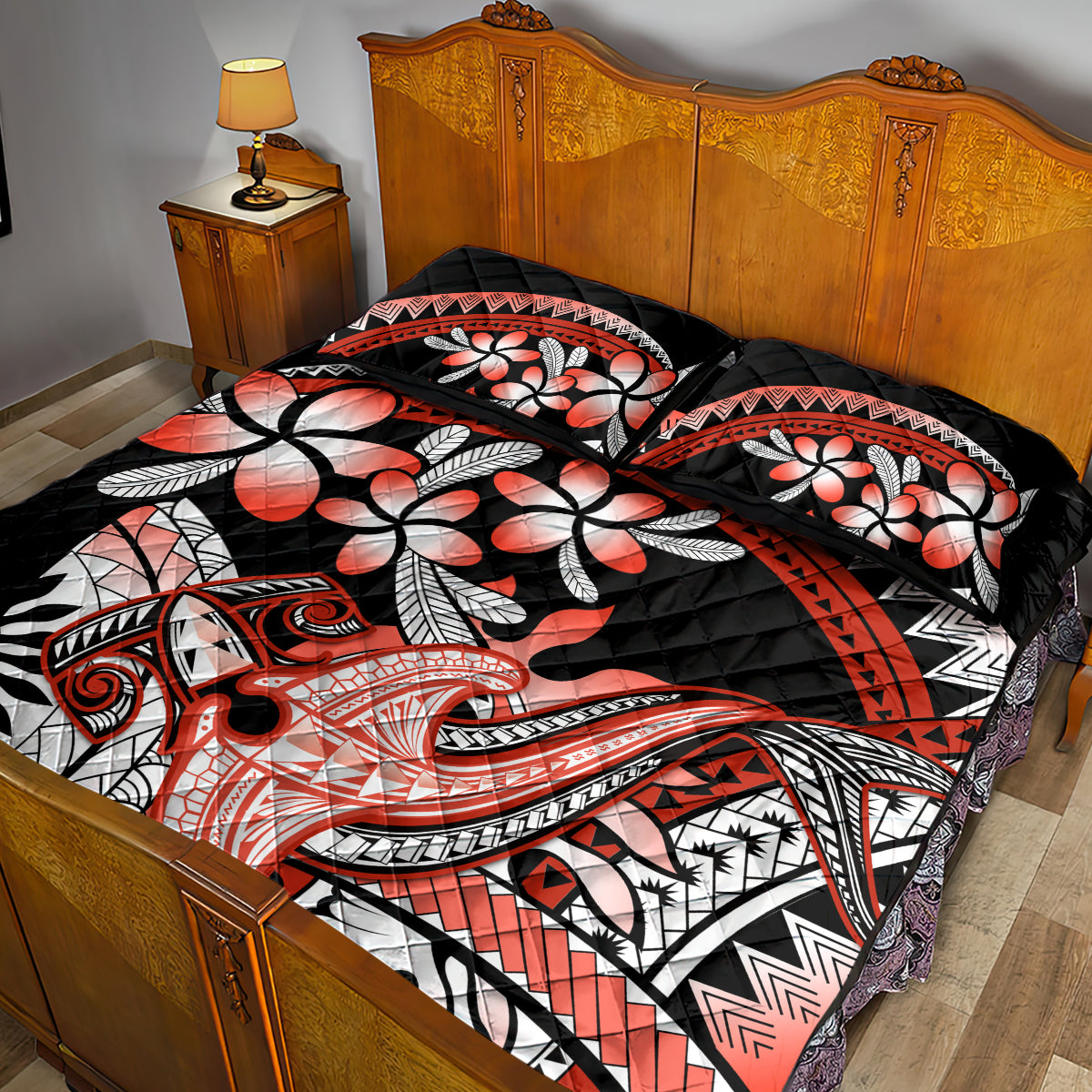 Red Polynesian Quilt Bed Set Hammerhead Shark Tattoo Royal Plumeria Gradient Vibes LT14 - Polynesian Pride