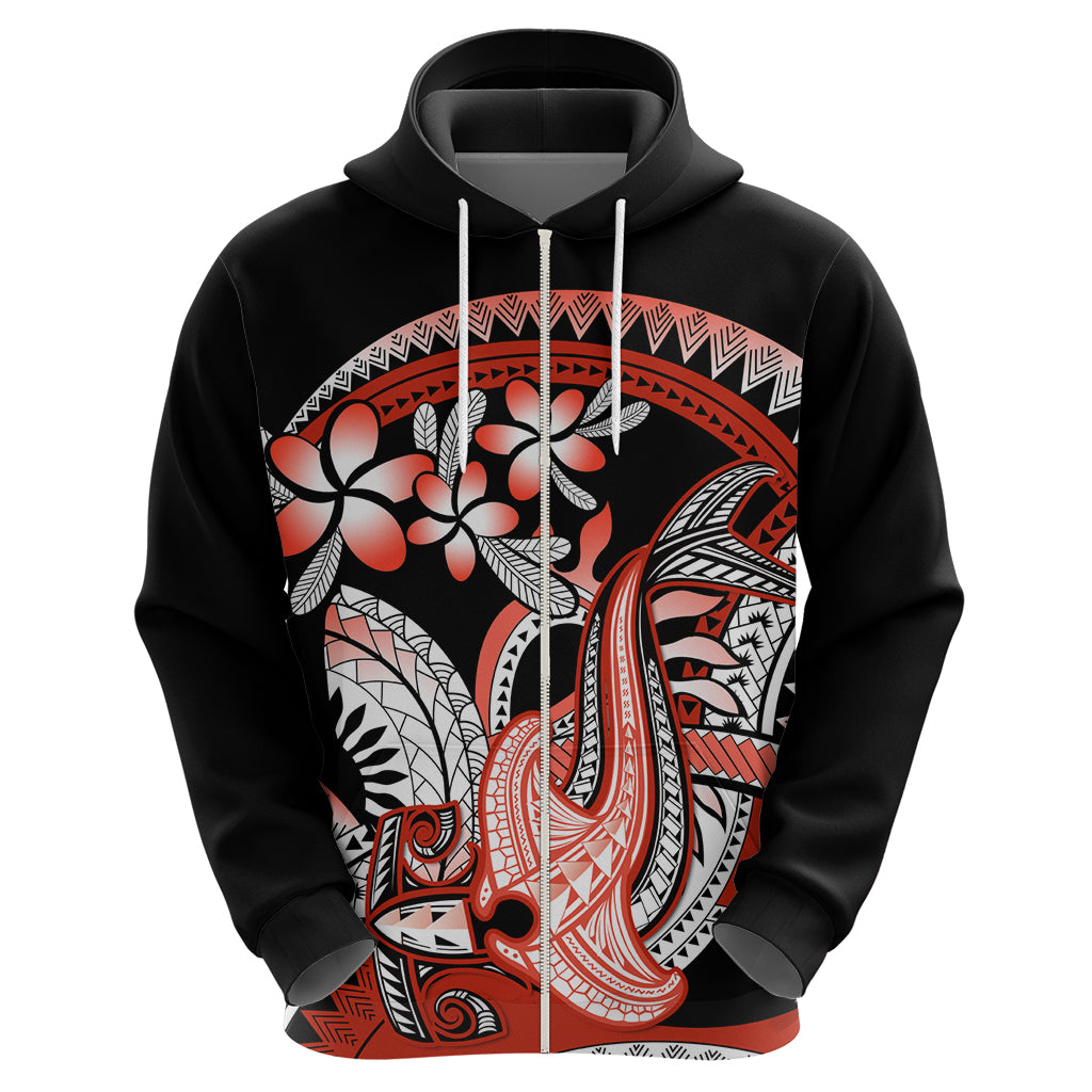 Red Polynesian Zip Hoodie Hammerhead Shark Tattoo Royal Plumeria Gradient Vibes LT14 - Polynesian Pride