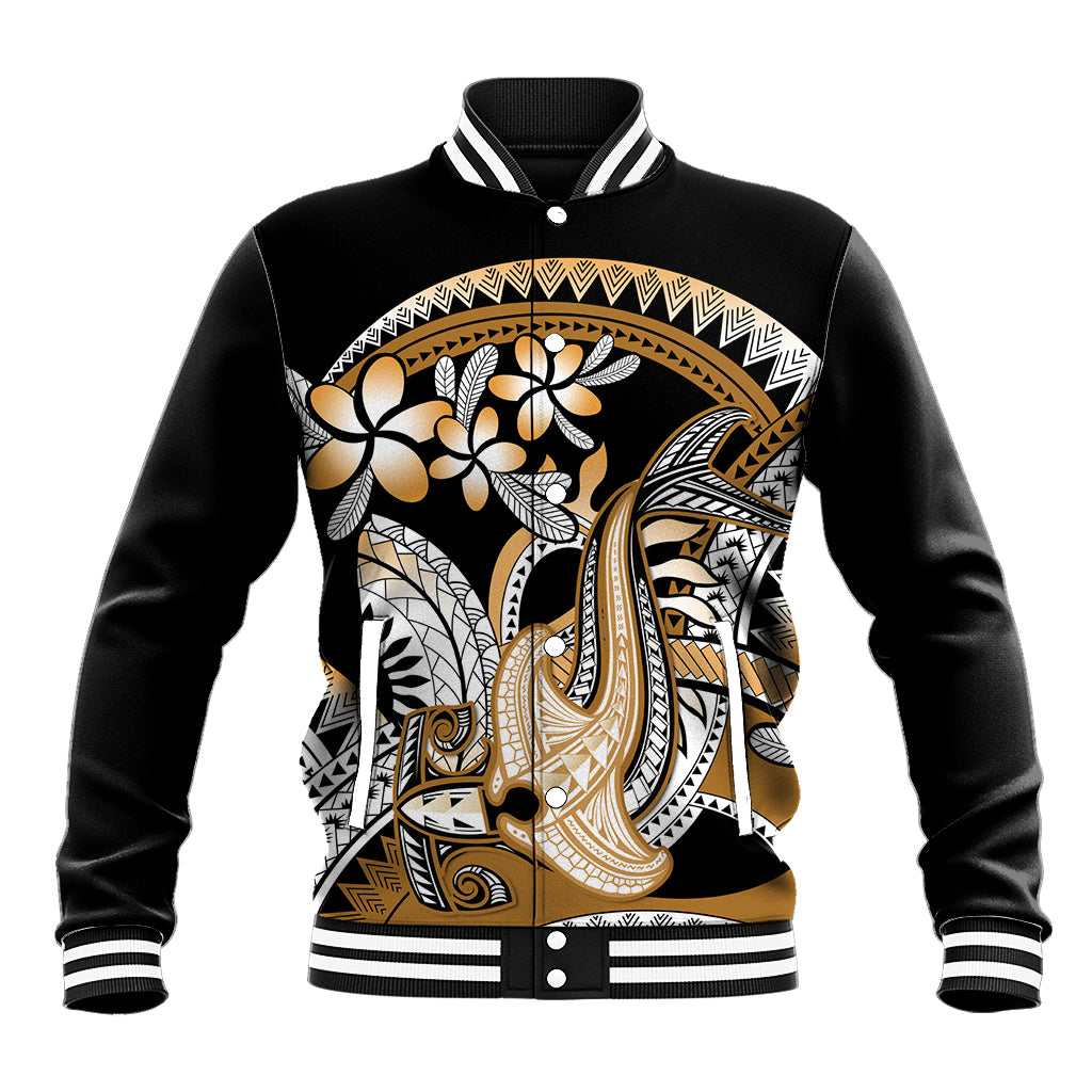 Gold Polynesian Hammerhead Shark Tattoo Baseball Jacket Royal Plumeria Gradient Vibes LT14 Unisex Gold - Polynesian Pride