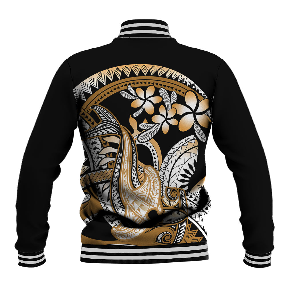 Gold Polynesian Hammerhead Shark Tattoo Baseball Jacket Royal Plumeria Gradient Vibes LT14 - Polynesian Pride