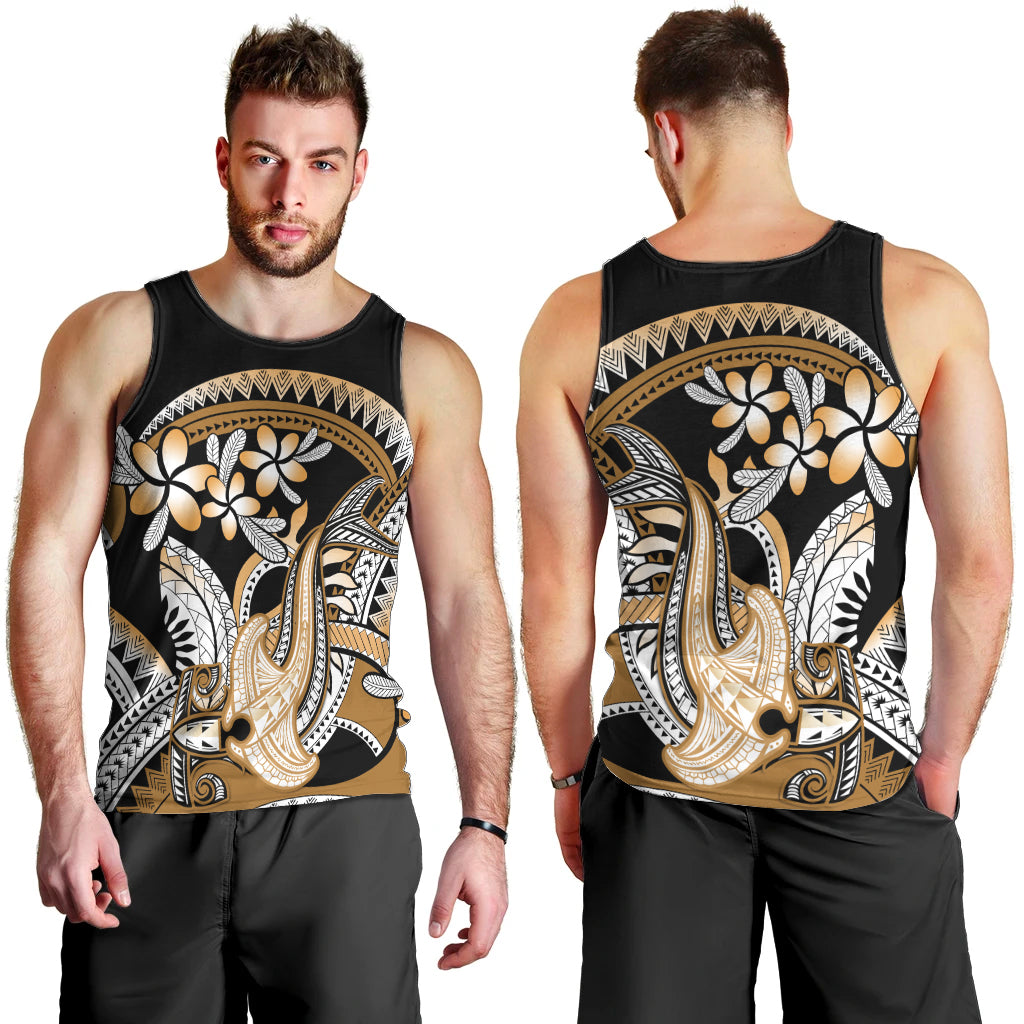 Gold Polynesian Hammerhead Shark Tattoo Men Tank Top Royal Plumeria Gradient Vibes LT14 - Polynesian Pride